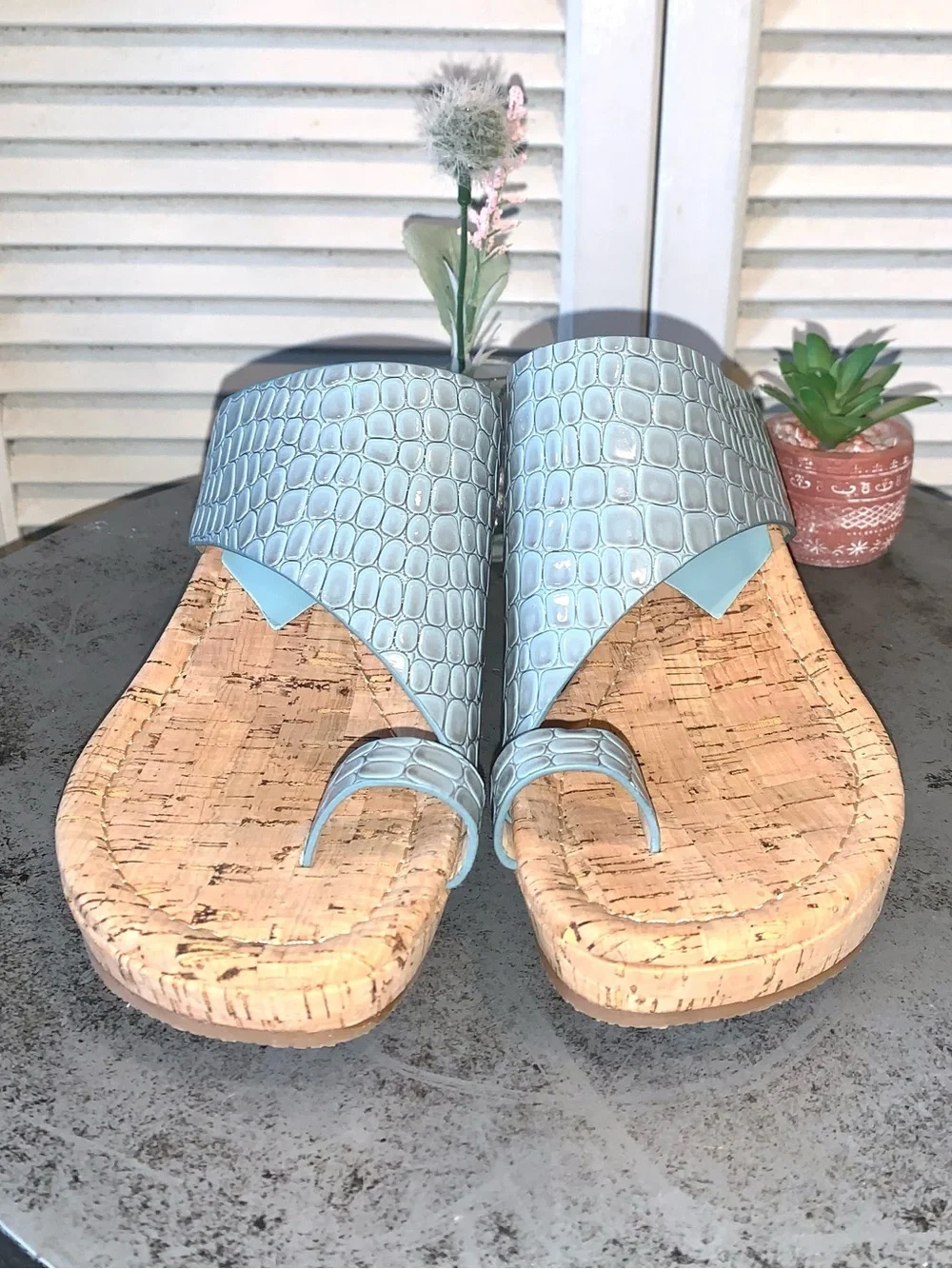 Donald J. Pliner Women's Light Blue Croc-Embossed Cork Wedge Sandal 8.5